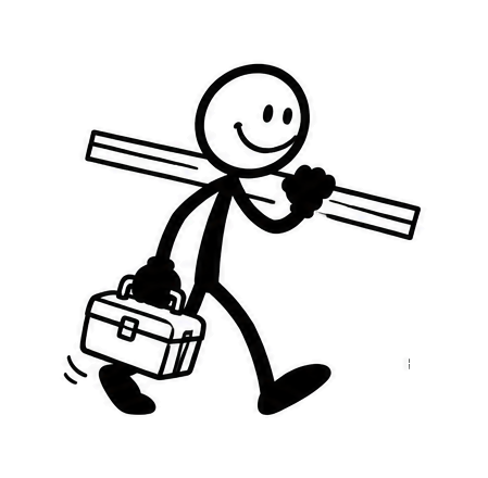 A stickman striding along with a toolbox and a length of board over one shoulder
