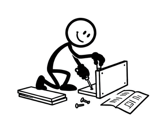 A stickman kneeling to assemble flat-pack furniture with a screwdriver and instructions