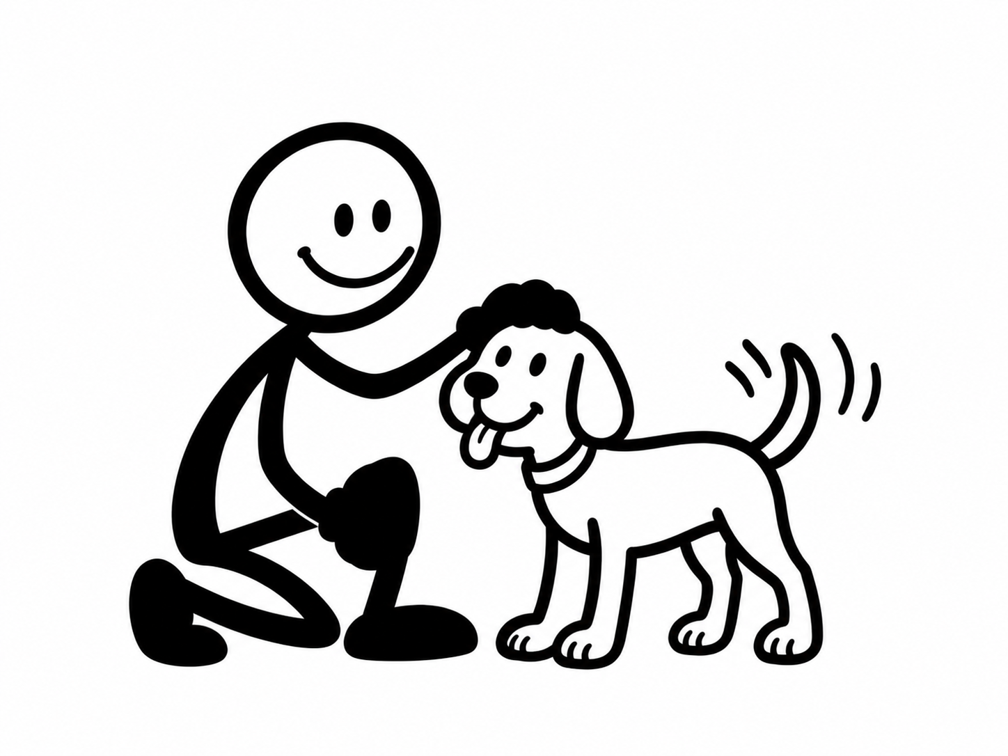 A stickman crouching to say hello to a friendly dog