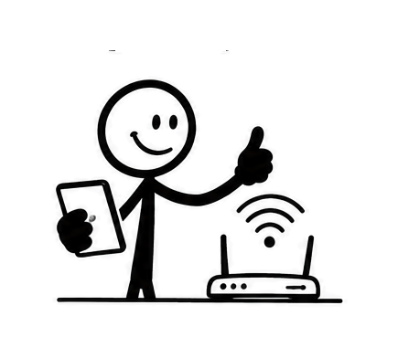 A stickman holding a phone and giving a thumbs up beside a Wi-Fi router