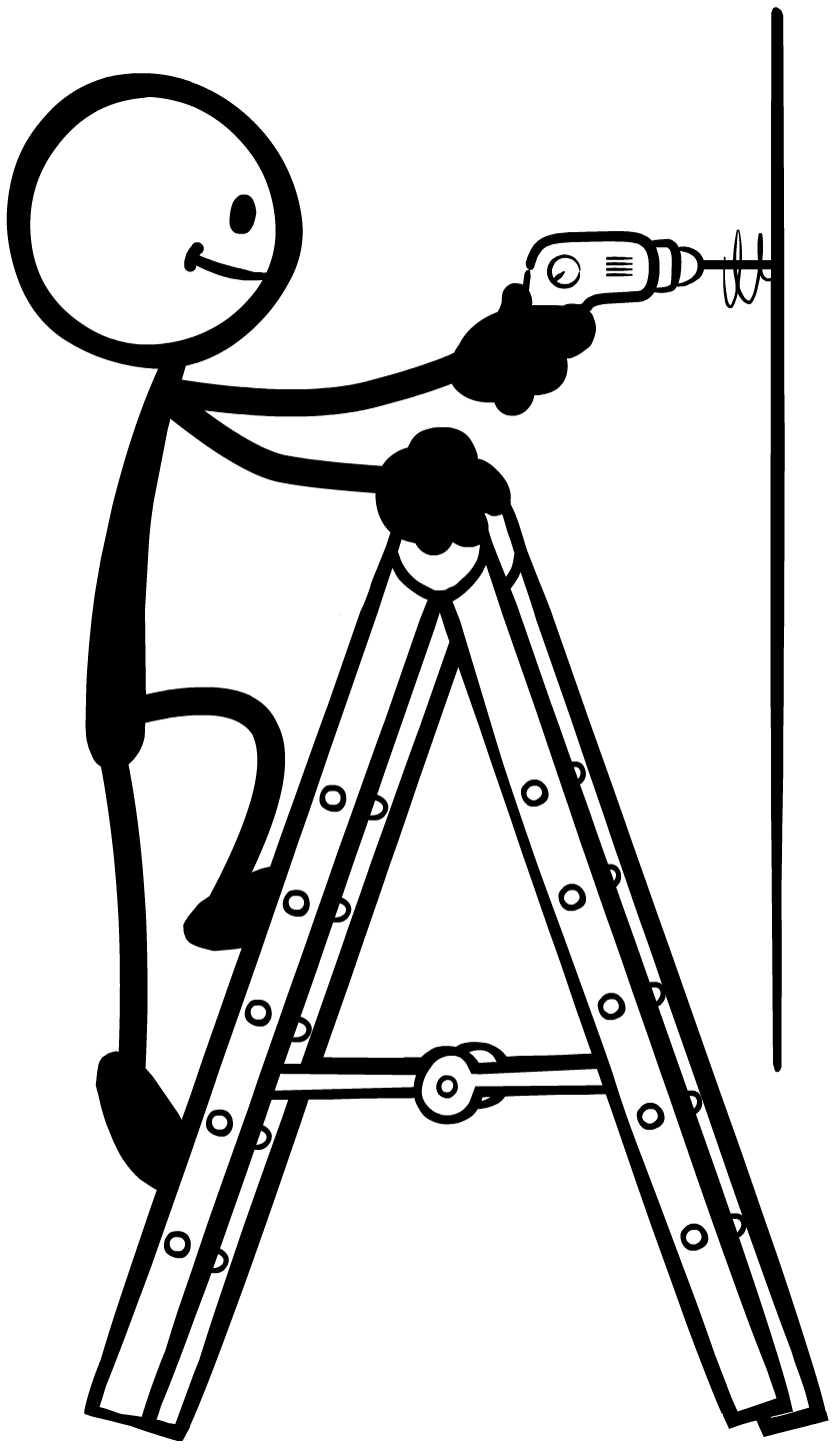 A stickman on a stepladder drilling into a wall