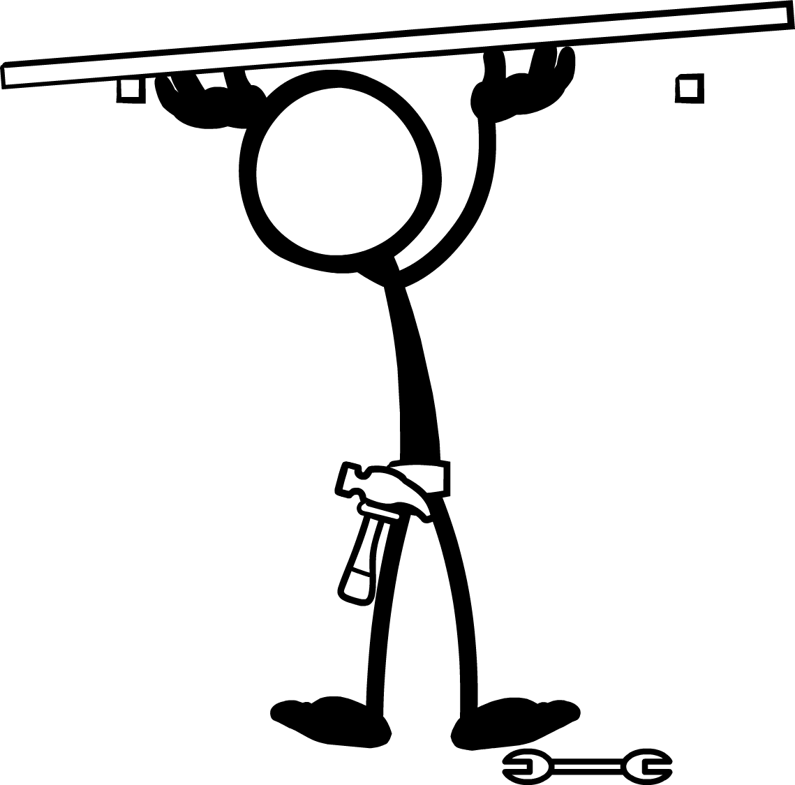 A stickman holding a long shelf board up against the wall